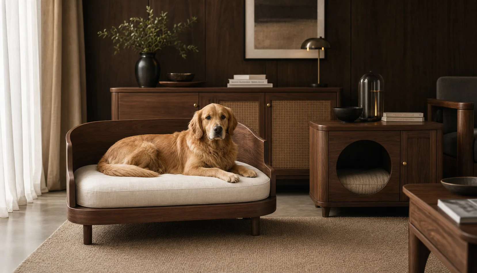 Walnut wooden pet sofa in a premium living room