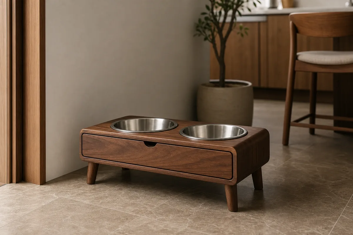 Raised wooden pet feeding station